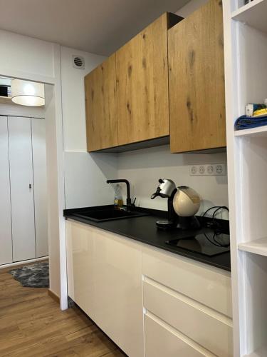 une cuisine avec des armoires blanches et un comptoir noir dans l'établissement Isola 2000 - Front neige Galerie marchande, à Isola 2000