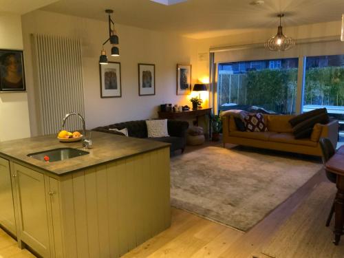 a kitchen and living room with a couch and a kitchen island at Canal view in Dublin