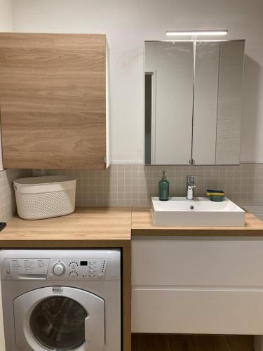 une cuisine avec une machine à laver et un évier dans l'établissement Close to Paris, for work or family, à Créteil