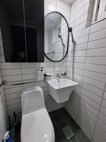 a bathroom with a toilet and a sink and a mirror at Petit Mejong in Seoul