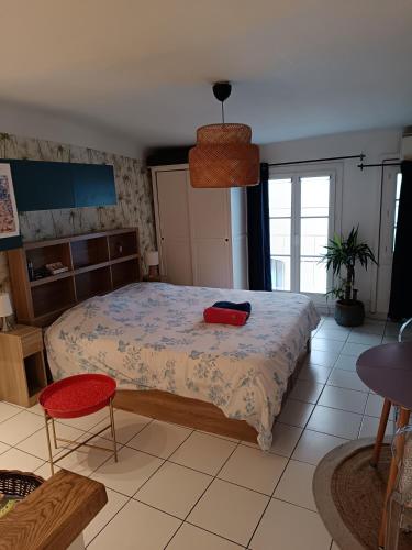 une chambre avec un lit avec un oreiller rouge dessus dans l'établissement Studio cathédrale centre Aix-en-Provence, à Aix-en-Provence