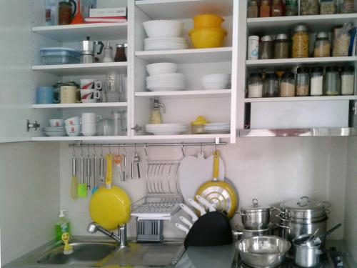 a kitchen counter with a sink and utensils at Apartment Spacious Liman in Novi Sad