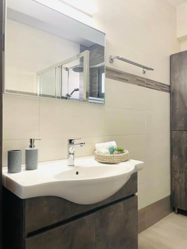a bathroom with a sink and a mirror at Emily's Apartment in Sparti
