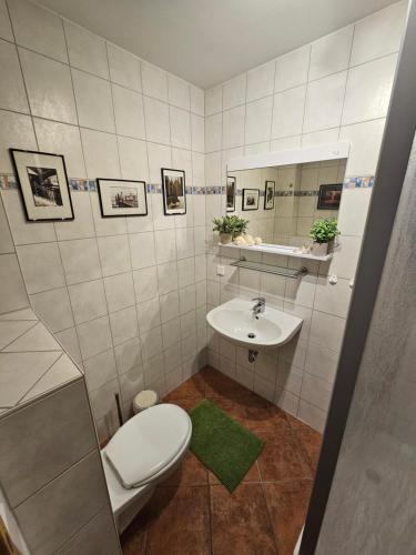 ein Badezimmer mit Toilette und Waschbecken in der Unterkunft Kapitänshaus - Zickenstube in Barth