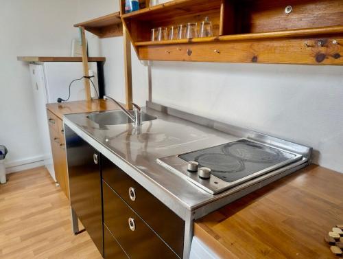 une cuisine avec une cuisinière et un évier dans l'établissement Cozy Studio in Championnet - Quiet & Central Location, à Grenoble