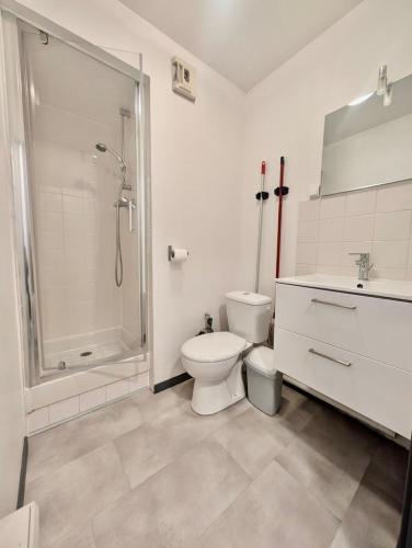 une salle de bain avec toilettes, douche et lavabo dans l'établissement Modern Studio - Free Parking, Near Train Station & Downtown, à Grenoble