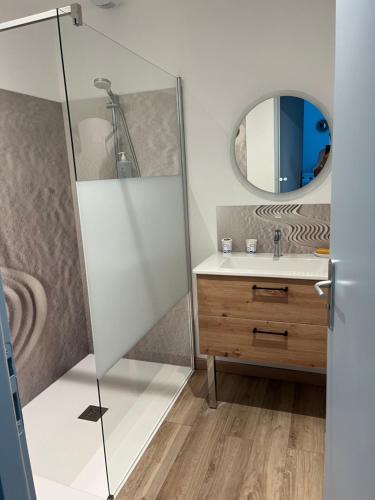 une salle de bain avec un lavabo et un miroir dans l'établissement Appartement avec jardin et SPA proche centre-ville et plage, au Château-dʼOléron
