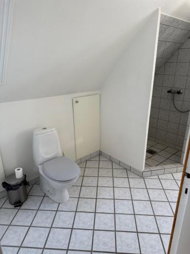 a bathroom with a toilet and a shower at Meget central, fri parkering, 4-7 personers overnatningssted in Herning