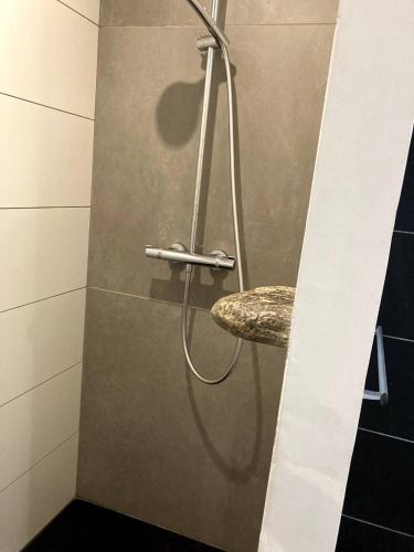 La salle de bains est pourvue d'une douche et d'un siège en pierre. dans l'établissement hirondelles, à Pinarellu