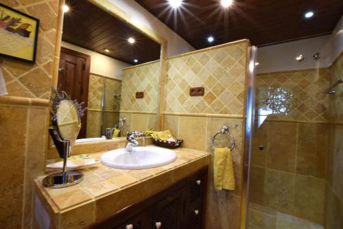 a bathroom with a sink and a shower with a mirror at Villa Los Chaparros, luxury, tranquillity and culture in the heart of Andalusia in Antequera