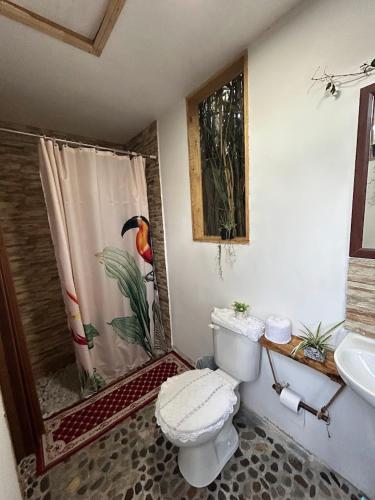 a bathroom with a toilet and a shower and a sink at Cabaña Refugio campestre in Rinconada de Silva