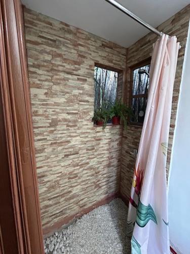 a corner of a room with a shower curtain at Cabaña Refugio campestre in Rinconada de Silva