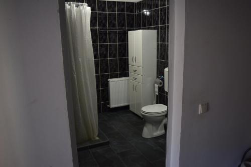 een badkamer met zwarte tegels, een toilet en een douche. bij Casa Eby in Vidolm