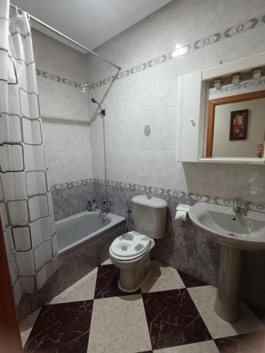 a bathroom with a toilet and a sink and a tub at La Antigüa Peluqueria in Argamasilla de Alba