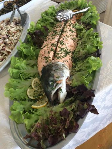 a plate of food with a fish on top of lettuce at Hotel Lady Mary in Milano Marittima
