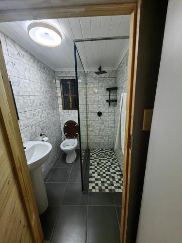 a bathroom with a shower and a toilet and a sink at The Cozy Cabin in Pretoria