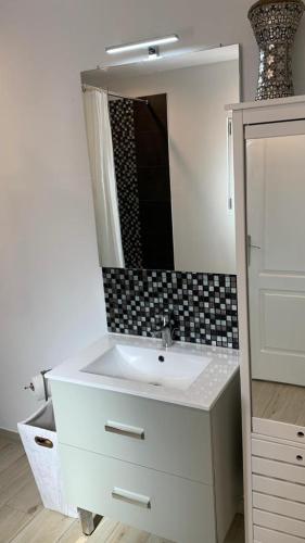 une salle de bain avec un lavabo blanc et un miroir dans l'établissement Villa climatisée dans Domaine privé Aix en Provence, à Aix-en-Provence