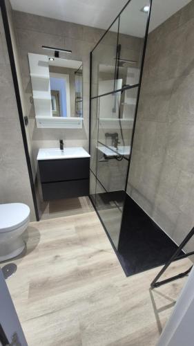 a bathroom with a shower and a sink and a toilet at CASARES appart 2 ch dans parc tropical avec vue sur mer, montagne et piscine in Casares