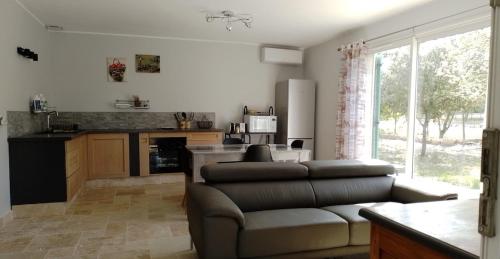 un salon avec un canapé et une cuisine dans l'établissement Lou mazet, à La Roque-sur-Pernes