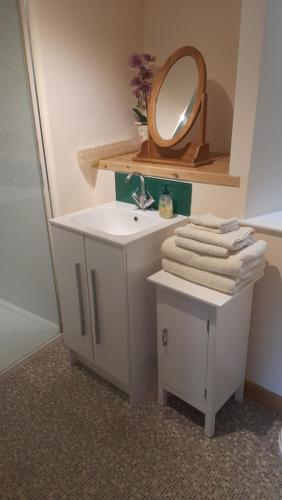 a bathroom with a sink and a mirror and towels at 2 Mill Cottages in Cornworthy
