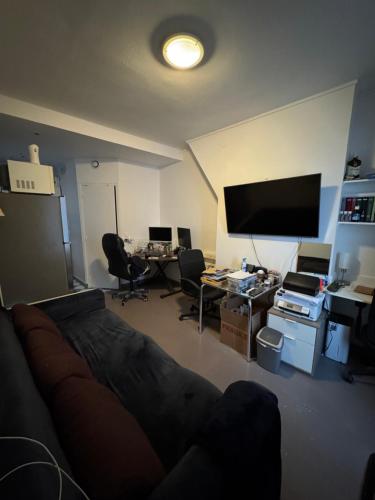 un salon avec un canapé et une télévision à écran plat dans l'établissement Charmant 2P Paris - Haut Parc Belleville, à Paris