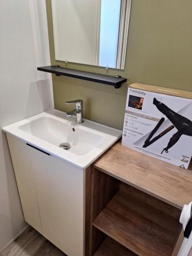une salle de bain avec un lavabo et une boîte à côté dans l'établissement Domaine de kerlann mobil-home197, à Pont-Aven