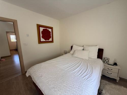 Un dormitorio con una cama blanca con un cuadro en la pared. en הבית של אסף - 3 וילות משפחתיות זהות, en H̱osen