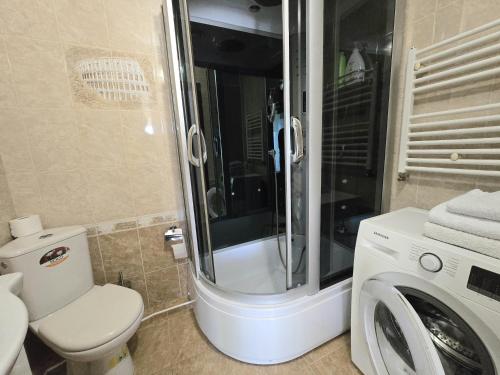 a bathroom with a toilet and a washing machine at Center, Ismail str.apartment, 1 bedroom and living in Chişinău