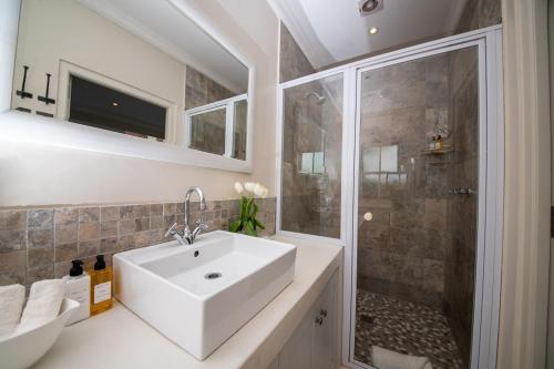 a bathroom with a white sink and a shower at Maison d'Ail Guest House in Franschhoek
