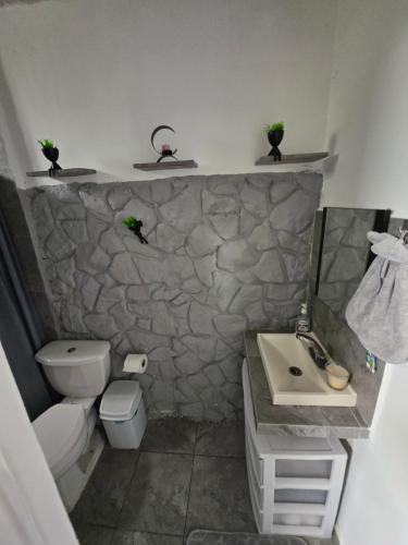 ein Badezimmer mit einem Waschbecken und einer Steinmauer in der Unterkunft Casa NK in Tierra Colorada