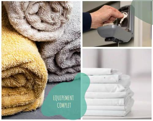 un collage de photos avec une serviette et un sèche-cheveux dans l'établissement Grain de soleil - 50m de la plage, à La Grande Motte