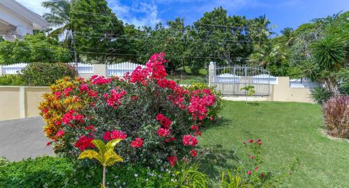 a garden with pink flowers in a yard at Beautiful 5-bed villa with views and pool - Decaj villa in Cap Estate