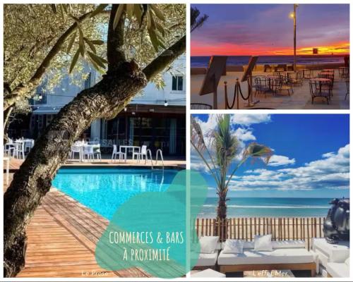 un collage de photos d'un complexe avec une piscine dans l'établissement Grain de soleil - 50m de la plage, à La Grande Motte