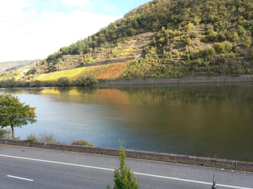 a road next to a river with a mountain at Altes Fachwerkhaus Mutter Mosel in Löf