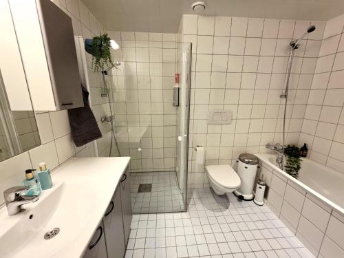 a bathroom with a shower and a toilet and a sink at ArticVieW Tromsø city centre in Tromsø