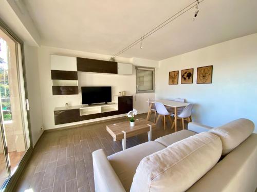 un salon avec un canapé et une table dans l'établissement Joli 2 pièces parc piscine vue mer, à Vence