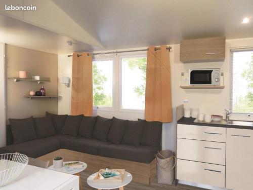 un salon avec un canapé et une cuisine dans l'établissement Mobil home camping La Réserve , Gastes 40160, à Gastes