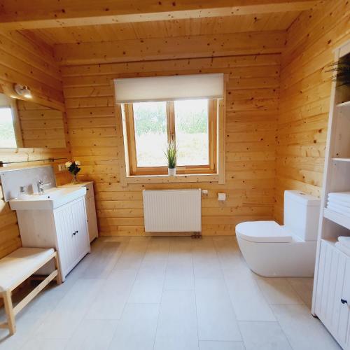 a wooden bathroom with a toilet and a window at Ferienhaus Ostseeperle in Biendorf