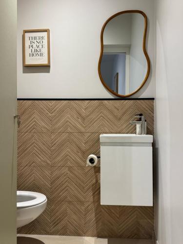 une salle de bain avec des toilettes blanches et un miroir dans l'établissement Magnifique appartement rénové Place du Martroi, à Orléans