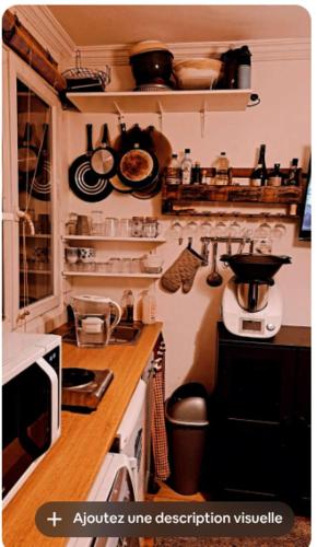 une cuisine avec une cuisinière et un comptoir dans l'établissement Cosy appartement au centre-ville, à Paris