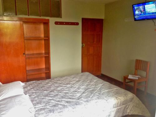 a bedroom with a bed and a tv on the wall at Hostal Sauna Tambo Wasi in Huancayo