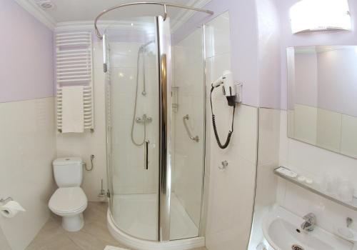 een badkamer met een douche, een toilet en een wastafel bij Motel Łużycki & Restauracja in Lubań