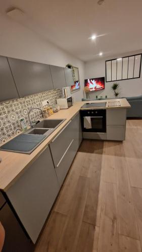 une cuisine avec un évier et un plan de travail dans l'établissement Apartment , Bordeaux Mérignac airport, à Mérignac