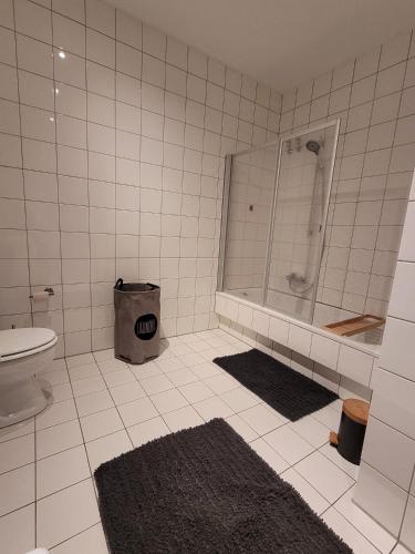 a white tiled bathroom with a shower and a toilet at Studio No 3 in Heinsberg