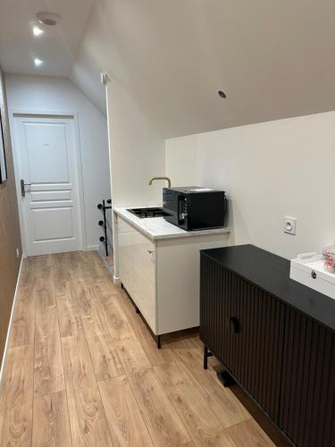 - une cuisine avec un comptoir et un four micro-ondes dans l'établissement Paruline, à Vernon