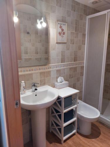 a bathroom with a sink and a toilet and a mirror at Casa BLAVA in Benicarló