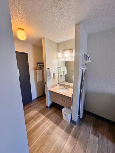 サリダにあるDays Inn by Wyndham Salina I-70のバスルーム(シンク付)、冷蔵庫が備わる客室です。