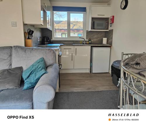 a living room with a couch and a kitchen at Tolroy manor holiday cottage in Saint Erth