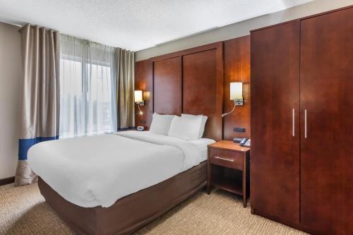 a bedroom with a large bed and wooden cabinets at Comfort Inn & Suites Conway in Conway