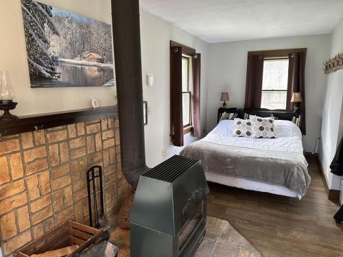 - une chambre avec un lit et une cheminée avec une télévision dans l'établissement The Pond Cottage at Rustic River, à Austinburg